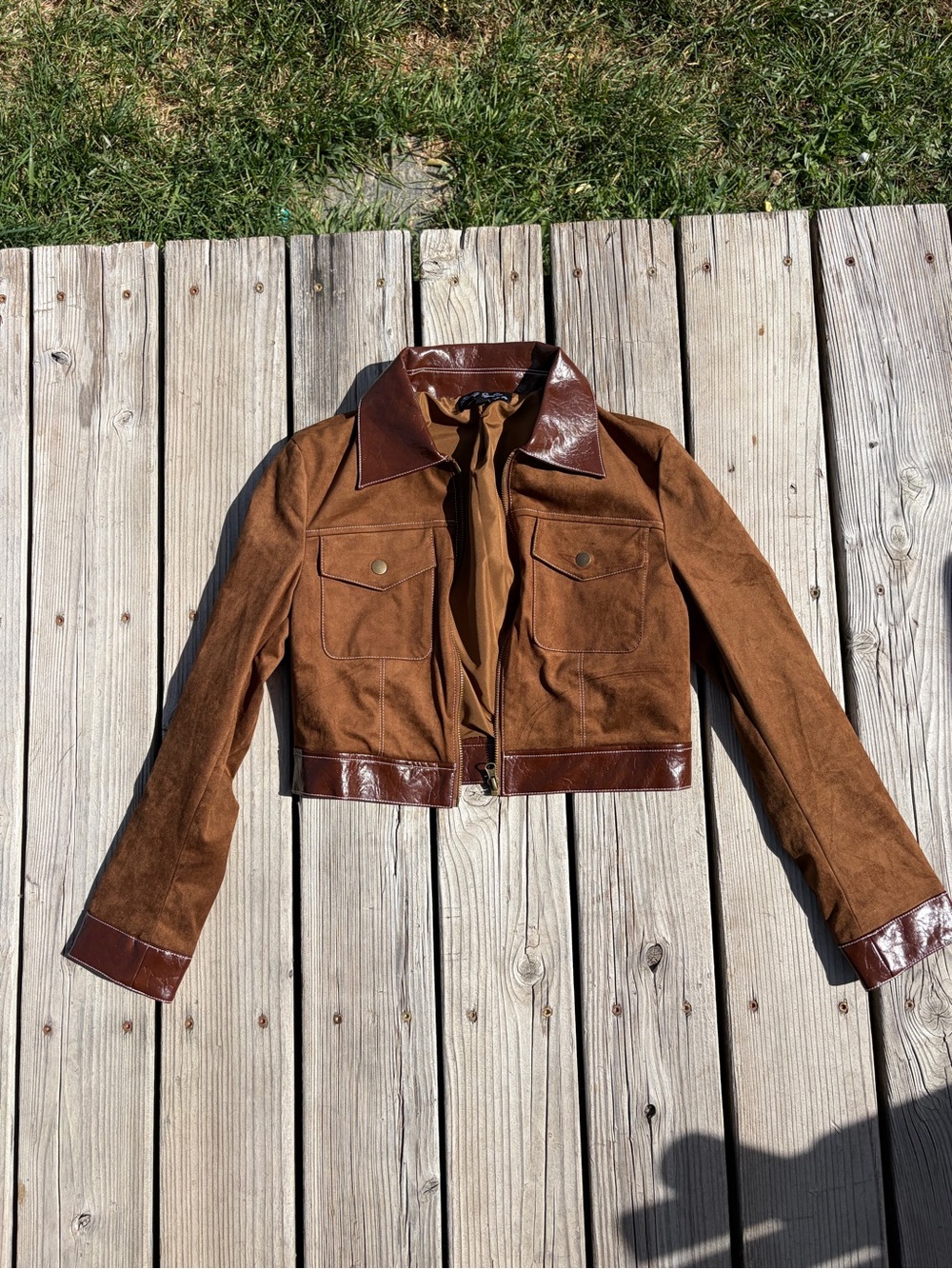 Brown Suede Crop Jacket with Leather Trim - Women